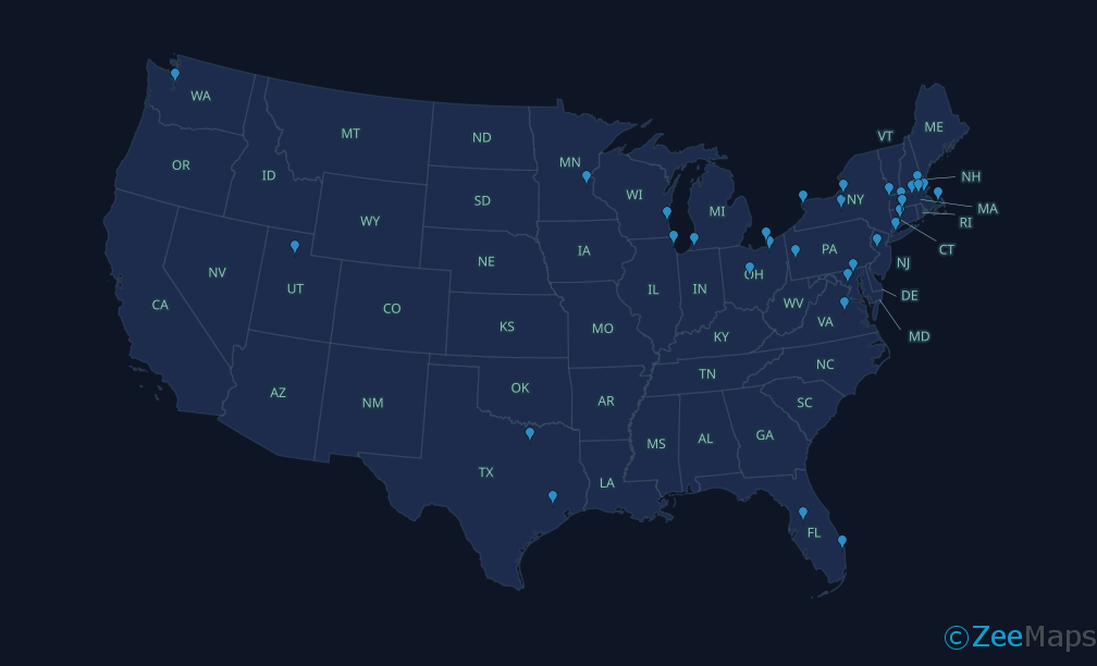 Map of the US with markers where the current Housing Mobility Network members are located