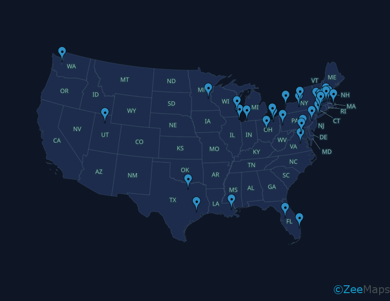 Map of the US with markers where the current Housing Mobility Network members are located